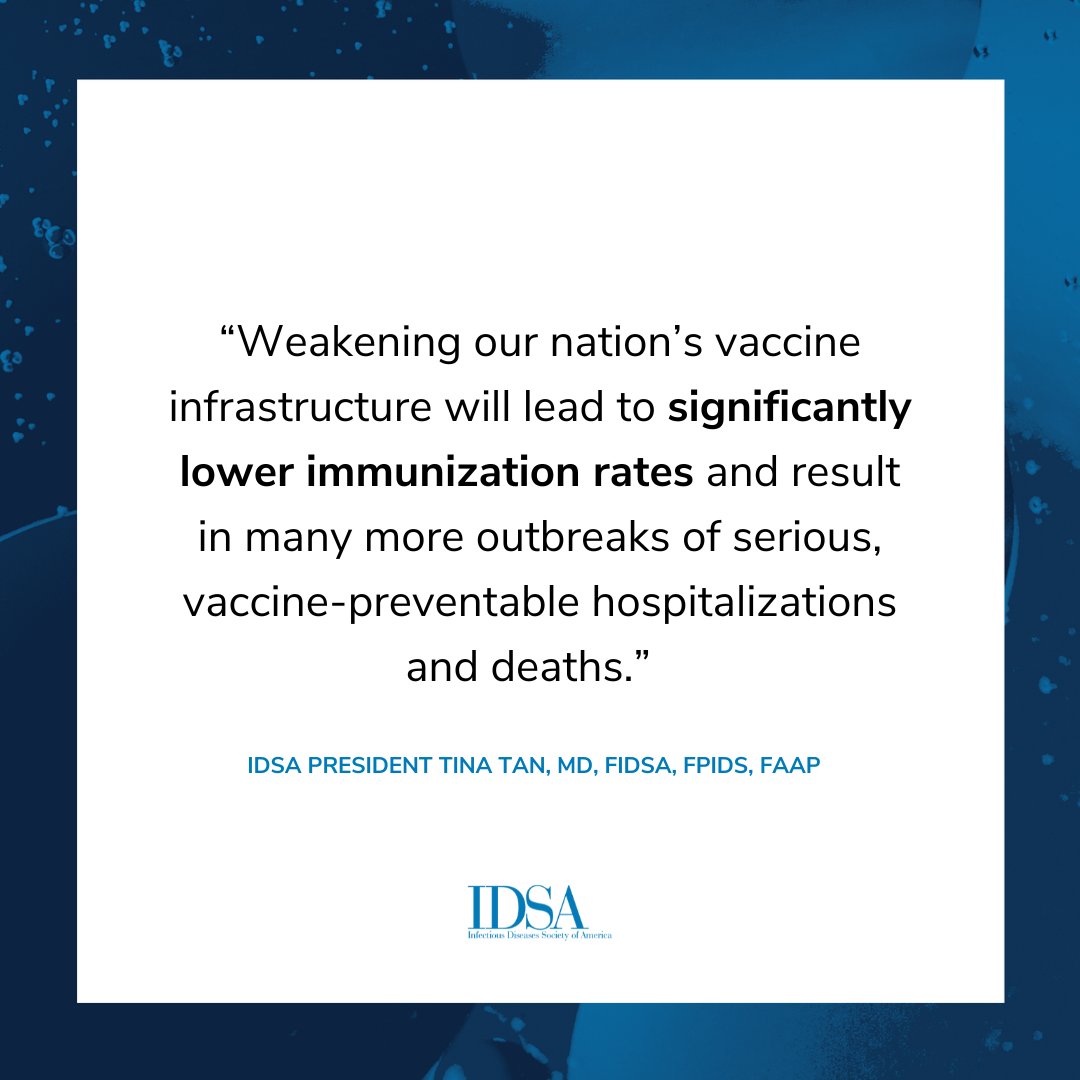 IDSA (@idsainfo) on Twitter photo Weakening our nation’s vaccine infrastructure will lead to significantly lower immunization rates and result in many more outbreaks of serious, vaccine-preventable hospitalizations and deaths.
Congress must hold <a href="/SecKennedy/">Secretary Kennedy</a> accountable for these actions. (1/2) Weakening our nation’s vaccine infrastructure will lead to significantly lower immunization rates and result in many more outbreaks of serious, vaccine-preventable hospitalizations and deaths.
Congress must hold <a href="/SecKennedy/">Secretary Kennedy</a> accountable for these actions. (1/2)
