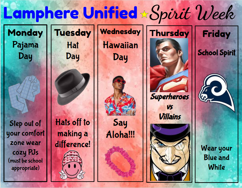 Inclusion week starts Monday (2/24)! 
Monday- PJ Day
Tuesday- Hat Day
Wednesday- Hawaiian Day
Thursday- Super Hero V. Villains
Friday- School Spirit ! Wear your Blue and White!