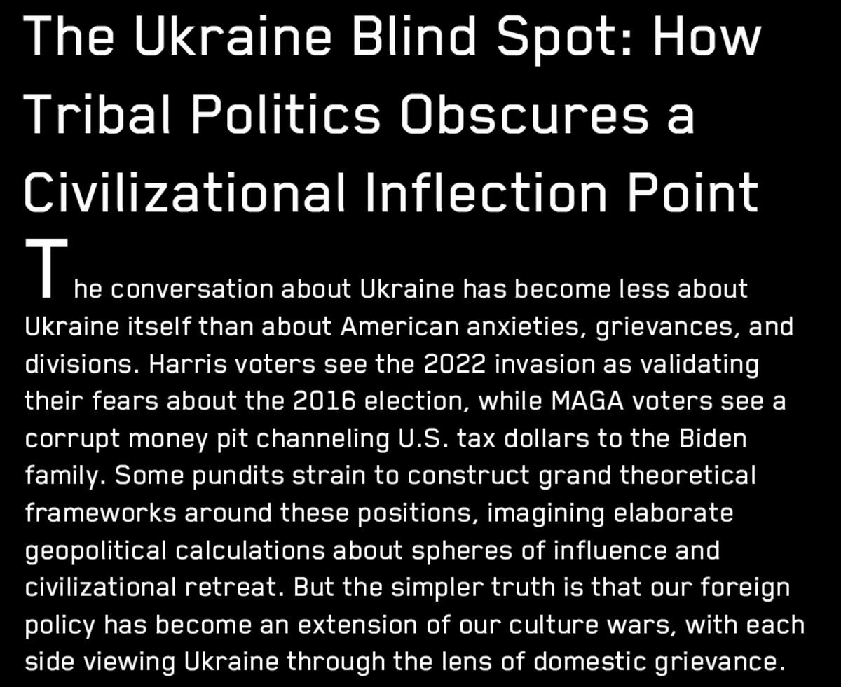 Our conversation about Ukraine has become a mirror for our own culture war, where serving our tribe matters more than understanding what's happening on the ground.

Full essay below. Thx to <a href="/VitalikButerin/">vitalik.eth</a>, <a href="/Vernon3Austin/">Austin Vernon</a>, and George L for their edits. 1/9