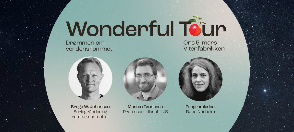 On Wednesday March 5th at 7-8 p.m. I will take part in the panel "Drømmen om verdensrommet" (The dream about space) at Vitenfabrikken, Sandnes, as part of the Wonderful Tour 2025 which pre-empts the Wonderful World 2025 festival in Stavanger. 
More info: linticket.no/page/no/20/306…