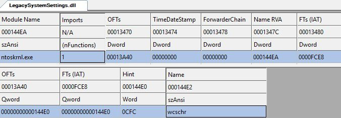 ntdelta_'s tweet photo. so msft link against ntoskrnl!wcschr somehow? means any time an instance of the “https://t.co/MTLbdkR6uJ.PlatformExtensions.SystemSettings.LegacySystemSettingsLauncher” COM Runtime Class is initialised they load nt in full. See: LegacySystemSettings.dll

https://t.co/tHQkiheai4 https://t.co/qJA9hf0XmW