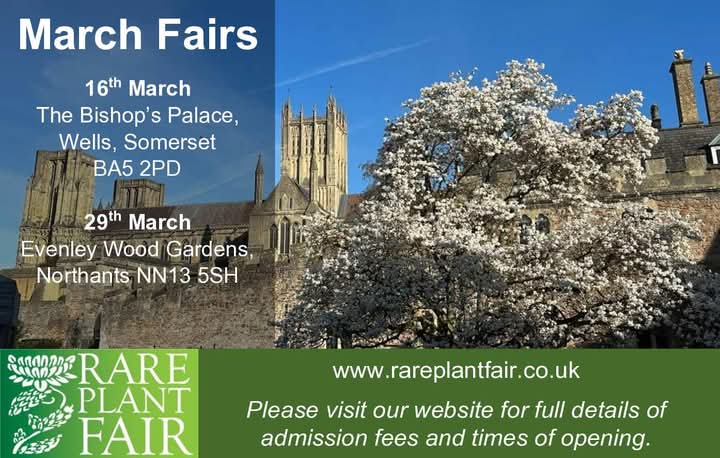 The new Rare Plant Fair season is fast approaching and we can't wait to get started! Our March fairs take place <a href="/Bishops_Palace/">The Bishop's Palace</a> and at <a href="/EvenleyWoodGard/">Evenley Wood Garden</a> , and there's a brilliant selection of nurseries at each Fair.

Find full details at rareplantfair.co.uk