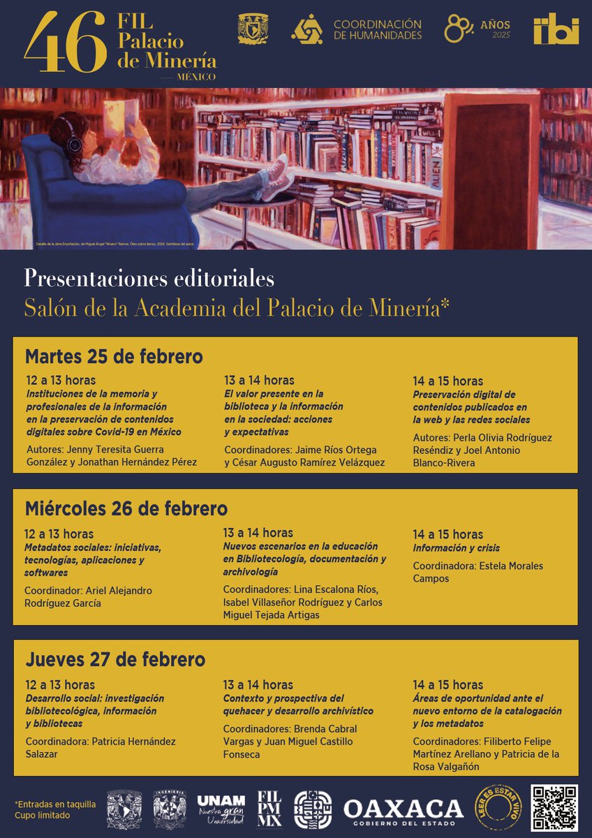 IIBI_UNAM_MX's tweet image. 📚✨ ¡Acompáñanos en las presentaciones editoriales del IIBI en la 46ª @FILMineria de la @UNAM_MX 

🗓️ Consulta fechas y horarios aquí 👉 iibi.unam.mx/web/f/IIBI-FIL…

¡No te lo pierdas! 📖🎤 #FILMinería #IIBIUNAM