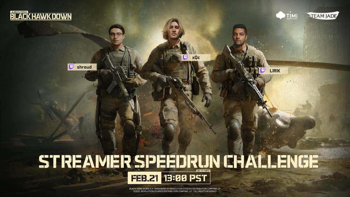 Roger that. Team @xqc <a href="/shroud/">Michael Grzesiek</a> is proceeding to the crash site. Assets green. Weapons hot. Let's bring our men home. No One Gets Left Behind twitch.tv/lirik #BlackHawkDown #DeltaForce