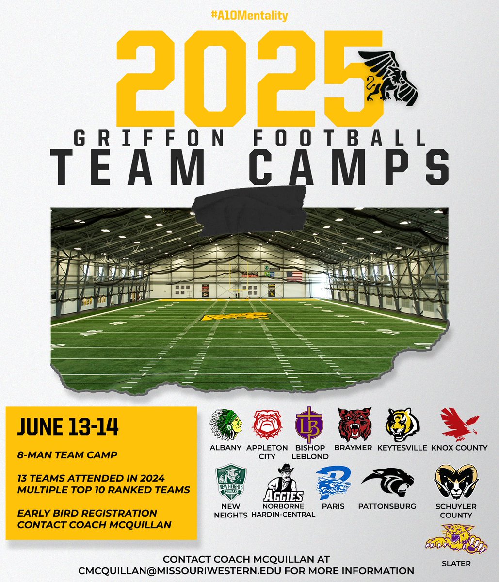 Coach McQuillan (@coachmcquillan) on Twitter photo One of the 𝐁𝐄𝐒𝐓 8-Man Team Camps in the region!
🎱𝗠𝗮𝗻 𝗧𝗲𝗮𝗺 𝗖𝗮𝗺𝗽 🟰 1⃣2⃣teams😎
<a href="/CoachVannoy/">Bruce Vannoy</a> <a href="/SchuylerAthlet1/">Schuyler Athletics</a> <a href="/slater_football/">Slater Football</a> <a href="/coach_j22/">Mitchell Jenkins</a> <a href="/Paris_Coyotes/">Paris R-II</a> <a href="/ChuckDavis89/">Chuck Davis</a> <a href="/CoachDFountain/">Doug Fountain</a>
Spratt Stadium is where State Titles are won🏆
#A10Mentality One of the 𝐁𝐄𝐒𝐓 8-Man Team Camps in the region!
🎱𝗠𝗮𝗻 𝗧𝗲𝗮𝗺 𝗖𝗮𝗺𝗽 🟰 1⃣2⃣teams😎
<a href="/CoachVannoy/">Bruce Vannoy</a> <a href="/SchuylerAthlet1/">Schuyler Athletics</a> <a href="/slater_football/">Slater Football</a> <a href="/coach_j22/">Mitchell Jenkins</a> <a href="/Paris_Coyotes/">Paris R-II</a> <a href="/ChuckDavis89/">Chuck Davis</a> <a href="/CoachDFountain/">Doug Fountain</a>
Spratt Stadium is where State Titles are won🏆
#A10Mentality