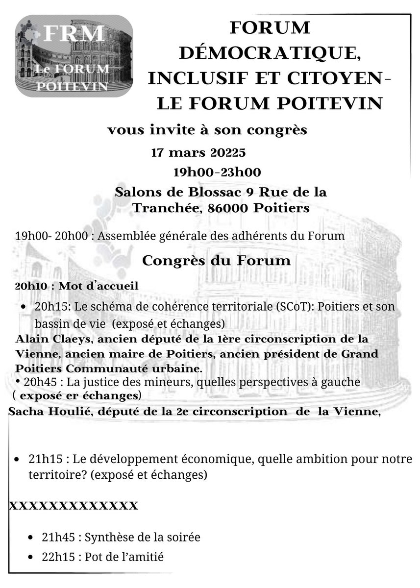 Bonjour  à toutes et à tous,
Voici l'invitation au  deuxième congrès du Forum Poitevin qui se tiendra le 17 mars 2025.
Le Forum démocratique, inclusif et citoyen, communément appelé le forum poitevin