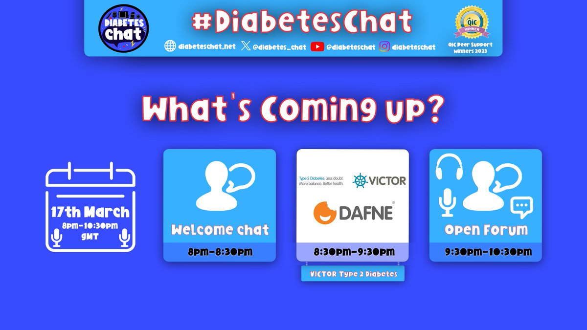 Happy Monday everyone 😎
Let's see what's coming up on #DiabetesChat today:

🕗 Welcome Chat
🕣 Guest Speaker Chat with <a href="/DAFNEUK/">DAFNE</a>, talking about the Type 2 VICTOR course
🕤 Open Forum Chat

🫂 Your Host today is <a href="/ClaireHowells10/">Claire Howells RNLD</a> 
🎧 x.com/i/spaces/1jMKg…
#⃣ #DiabetesChat