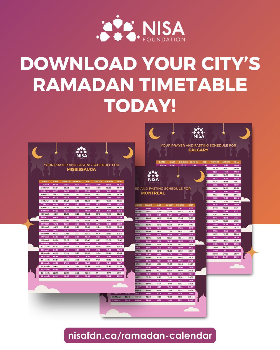 Download your city’s Ramadan timetable today — absolutely free!
📍 Vancouver | Edmonton | Calgary | Ottawa | Scarborough | Toronto | Mississauga | Hamilton | Windsor | Montreal | Halifax

👉 nisafdn.ca/ramadan-timeta…