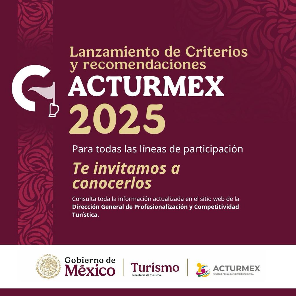 SECTUR_mx's tweet photo. ¡Registro abierto! 🙌🏻
Instituciones Educativas, Entidades Federativas y Entes Capacitadores, les invitamos a participar en el Acuerdo por la Capacitación Turística #ACTURMEX. 💯
¡Súmate a la Profesionalización Turística por México! 🇲🇽
Conoce los requisitos y el proceso de registro: https://t.co/0D9XQnvmkX
