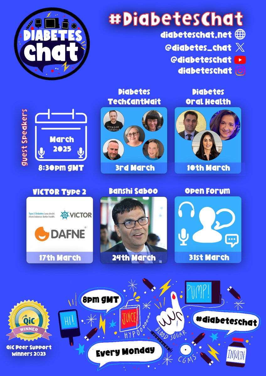Here are the #DiabetesChat Guest Speakers for March 2⃣0⃣2⃣5⃣

0⃣3⃣ - #DiabetesTechCantWait ft. <a href="/NiVZ/">Paul Niven</a> <a href="/T1_Lesley/">LesleyR</a>     <a href="/MargaritaAliT/">Alison Templeton</a> <a href="/SkintoMcGinto/">Stephen Nixon</a> <a href="/Shelleymurray99/">Shelley M</a>
1⃣0⃣ - <a href="/DominikaDDS/">Dominika Antoniszczak</a> <a href="/AmarPut/">Dr Amar Puttanna 🎸</a> <a href="/PerioDiabetes/">Perio-Diabetes Hub</a> 
1⃣7⃣ - <a href="/DAFNEUK/">DAFNE</a> 
2⃣4⃣ - <a href="/banshisaboo/">Banshi Saboo</a> 
3⃣1⃣ - Open Forum Chat

💙💙💙💙