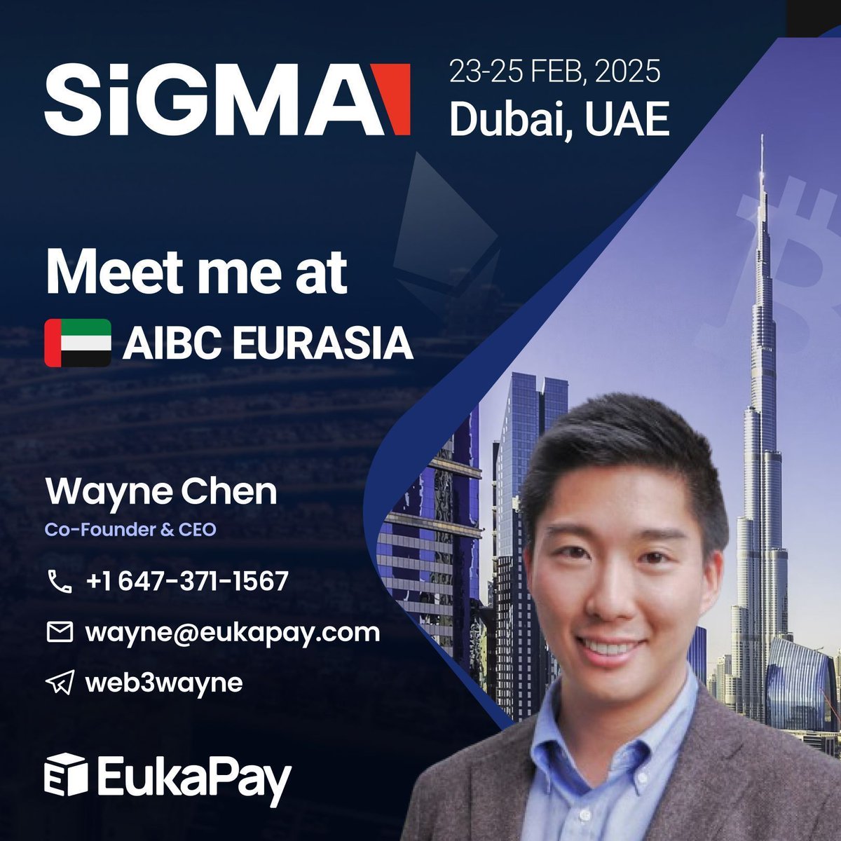 EukaPay's tweet photo. 🚀 We’re heading to SiGMA Eurasia! Join us in Dubai to explore the latest in iGaming, fintech, and emerging tech. Let’s connect and shape the future together! See you there! #SiGMAEurasia #AIBC2025 #AIBCEurasia #DubaiEvents #AIBCEurasia @SiGMAworld_ @AIBC_World https://t.co/7nJrLVLTv1