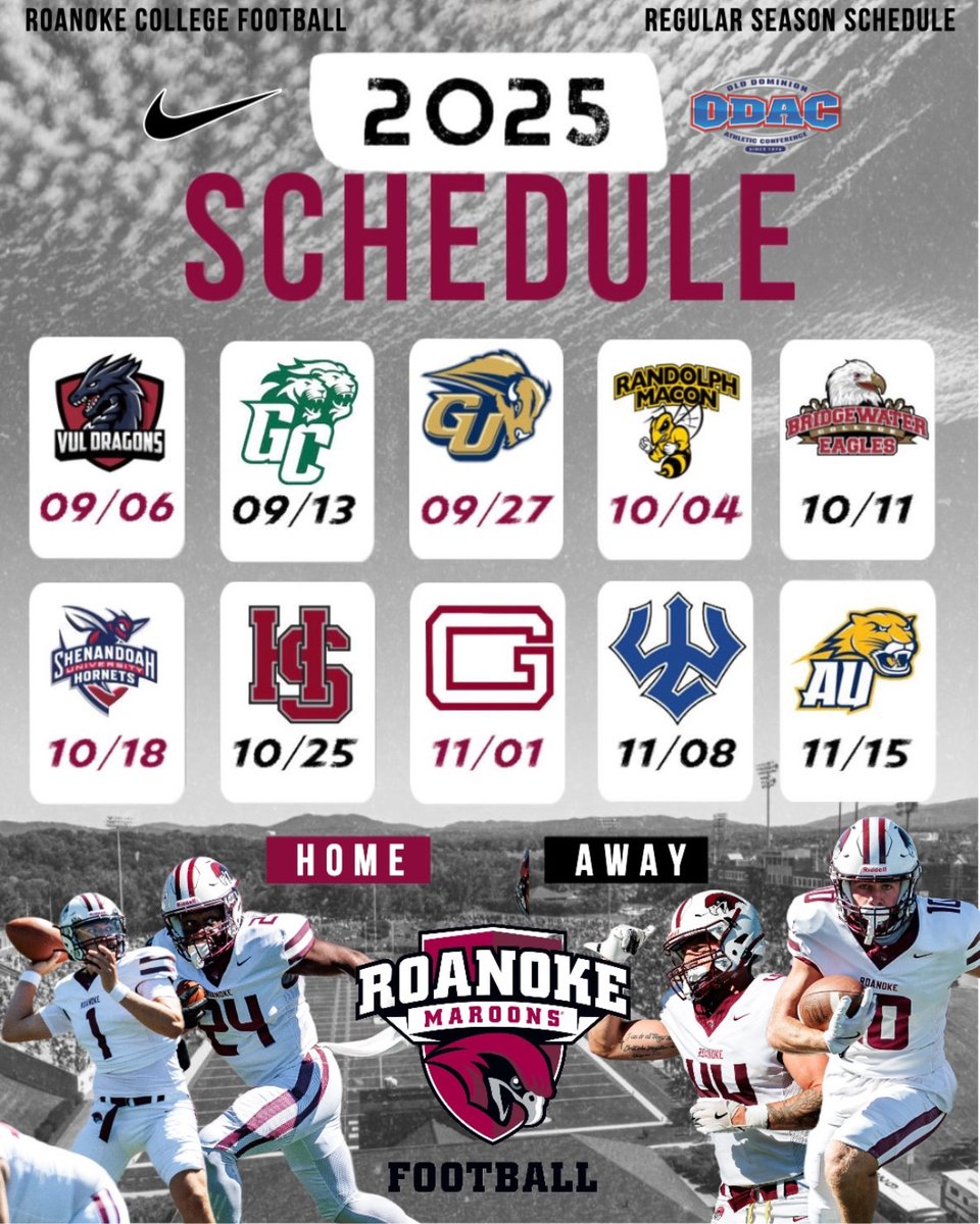 Attention Maroon fans, circle these dates! The Roanoke football team begins a full varsity schedule for the first time since 1942 this fall, with the first home game in Salem Stadium on Sept. 6! All home games are set for 2 p.m.