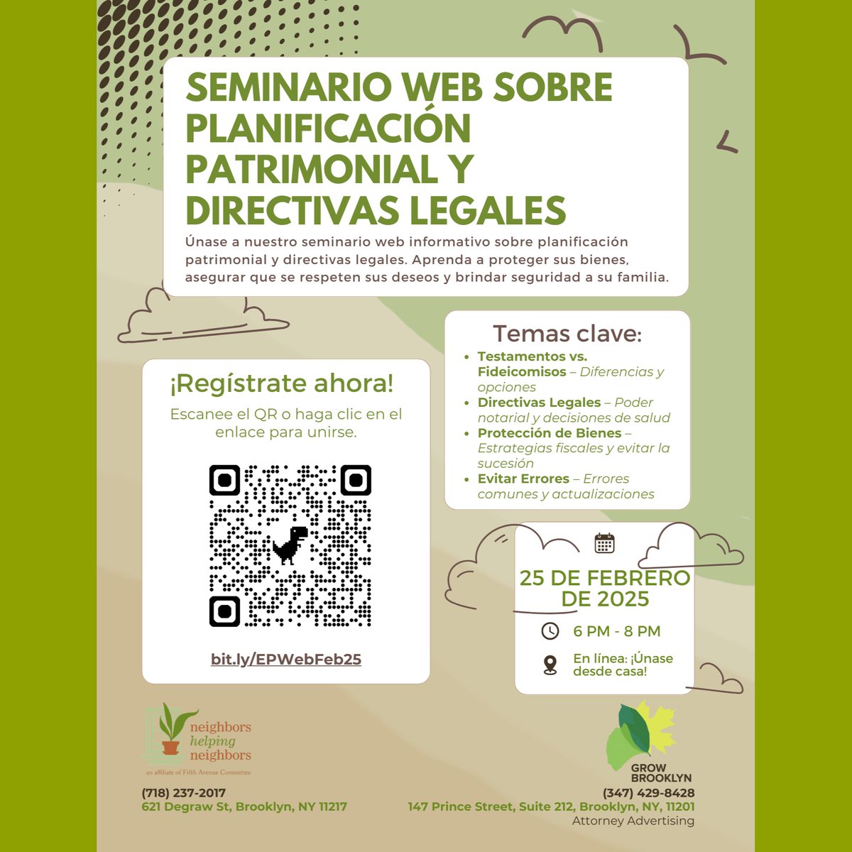 🌱Estate Planning &amp; Legal Directives Webinar🌱

Neighbors Helping Neighbors &amp; Grow Brooklyn presents this free webinar to help you protect your assets, ensure your wishes are honored &amp; avoid common pitfalls! 

✍️ bit.ly/EPWebFeb25

#GrowBrooklyn #NeighborsHelpingNeighbors