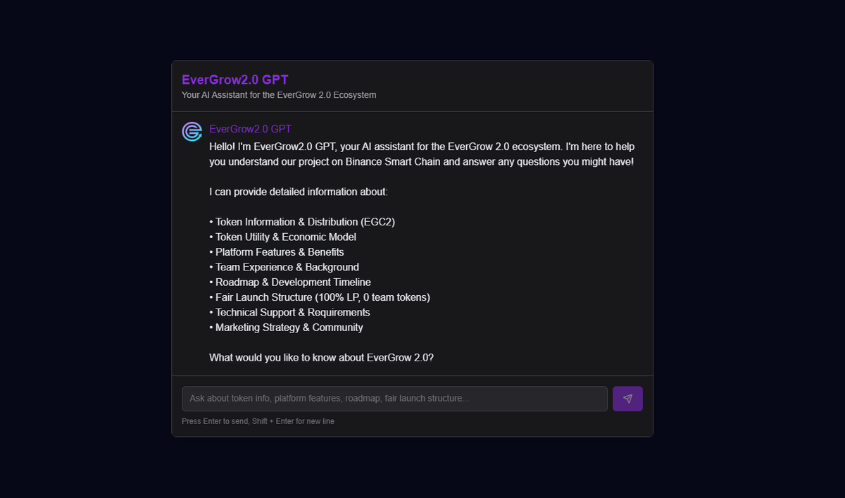 Evergrowcoin2's tweet photo. Introducing our brand new EGC2.0 GPT bot.  This is a AI chatbot trained on all things Evergrow 2.0.  Come check it out for yourself. https://t.co/u3yW7Bt8tJ
We just keep building and delivering. Promises made, promises kept. #EGC #BSC #BNBChain https://t.co/ISXKsiHxfJ