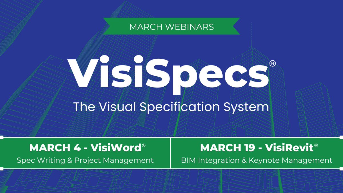 Join us for a March #VisiSpecs webinar — live with Q&amp;A:

3/4 - VisiWord Spec Writing &amp; Project Management: us06web.zoom.us/webinar/regist…

3/19 - VisiRevit BIM Integration &amp; Keynote Management: us06web.zoom.us/webinar/regist…