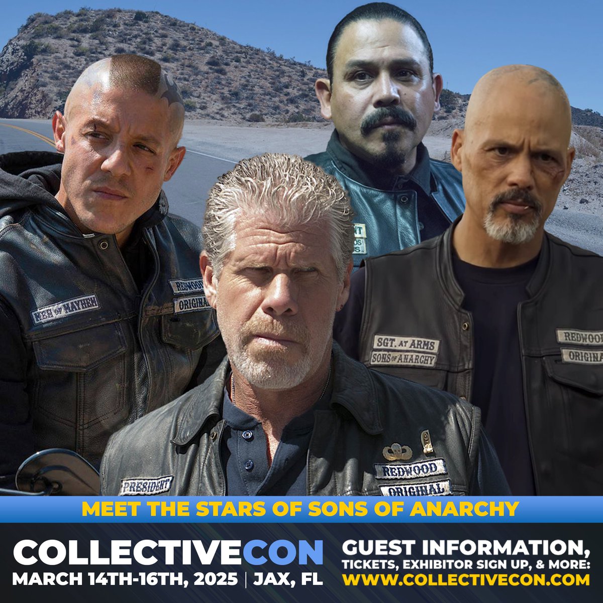 CollectiveConFL's tweet image. Jacksonville Florida&apos;s largest 3-day pop culture convention returns on March 14th-16th, 2025 at the Prime F. Osborn III Convention Center!!

Meet stars from #SonsofAnarchy at Collective Con! Ron Perlman, Theo Rossi, David Labrava, and Emilio Rivera will be attending!