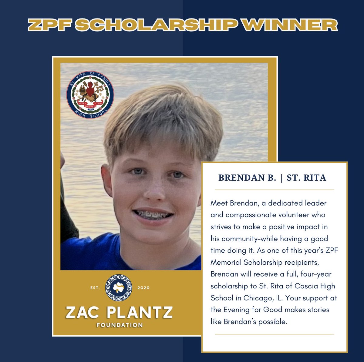 We're honored to announce Brendan from St. Rita as one of this year's ZPF Scholarship winners! @stritahs