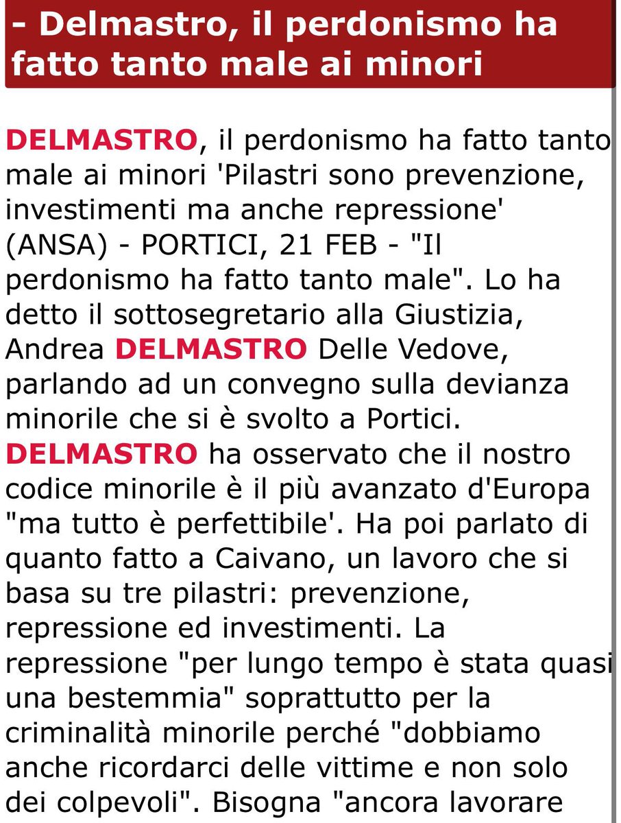 Michela Di Biase (@micheladibiase1) on Twitter photo Art. 27 della Costituzione italiana: "Le pene non possono consistere in trattamenti contrari al senso di umanità e devono tendere alla rieducazione del condannato".
A maggior ragione vale per i minori. <a href="/DelmastroAndrea/">Andrea Delmastro</a> non conosce la Costituzione su cui ha giurato. Art. 27 della Costituzione italiana: "Le pene non possono consistere in trattamenti contrari al senso di umanità e devono tendere alla rieducazione del condannato".
A maggior ragione vale per i minori. <a href="/DelmastroAndrea/">Andrea Delmastro</a> non conosce la Costituzione su cui ha giurato.