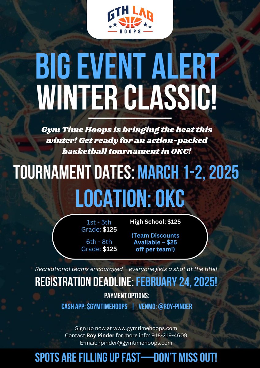 🏀🔥 Get Ready for the Ultimate Basketball Showdown! 🔥🏀

GTH Lab Hoops presents: 🏆 WINTER CLASSIC TOURNAMENT! 🏆
📍 Location: Oklahoma City (OKC)
📅 Tournament Dates: March 1-2, 2025
🚨 Registration Deadline: February 24, 2025

Are you ready to compete, dominate, and bring