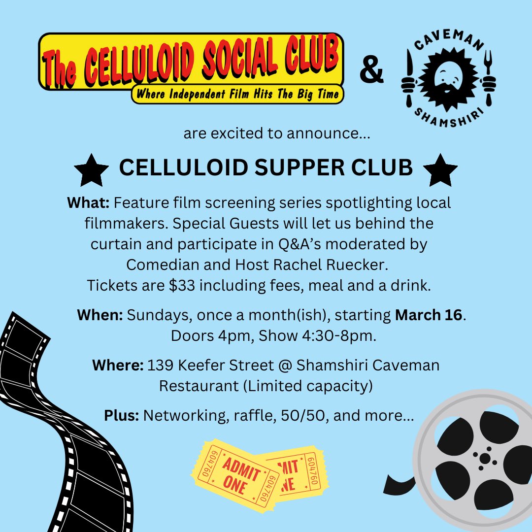 celluloidsocial (@celluloidsocial) on Twitter photo Reminder! Date change: Sun March 16 launch of Celluloid Supper Club at Shamshiri Caveman with <a href="/joel_mccarthy/">Joel Ashton McCarthy</a> (Run N Gun) with his feature SHOOTING: THE MUSICAL & <a href="/Crazy8sFilm/">Crazy8s Film Society</a> short <a href="/ilysmikt/">ILYSMIKT - Film</a> Doors 4pm, Show 4:30-8pm.
tixtree.com/e/celluloid-su…
FB Event:facebook.com/events/6113103… Reminder! Date change: Sun March 16 launch of Celluloid Supper Club at Shamshiri Caveman with <a href="/joel_mccarthy/">Joel Ashton McCarthy</a> (Run N Gun) with his feature SHOOTING: THE MUSICAL & <a href="/Crazy8sFilm/">Crazy8s Film Society</a> short <a href="/ilysmikt/">ILYSMIKT - Film</a> Doors 4pm, Show 4:30-8pm.
tixtree.com/e/celluloid-su…
FB Event:facebook.com/events/6113103…