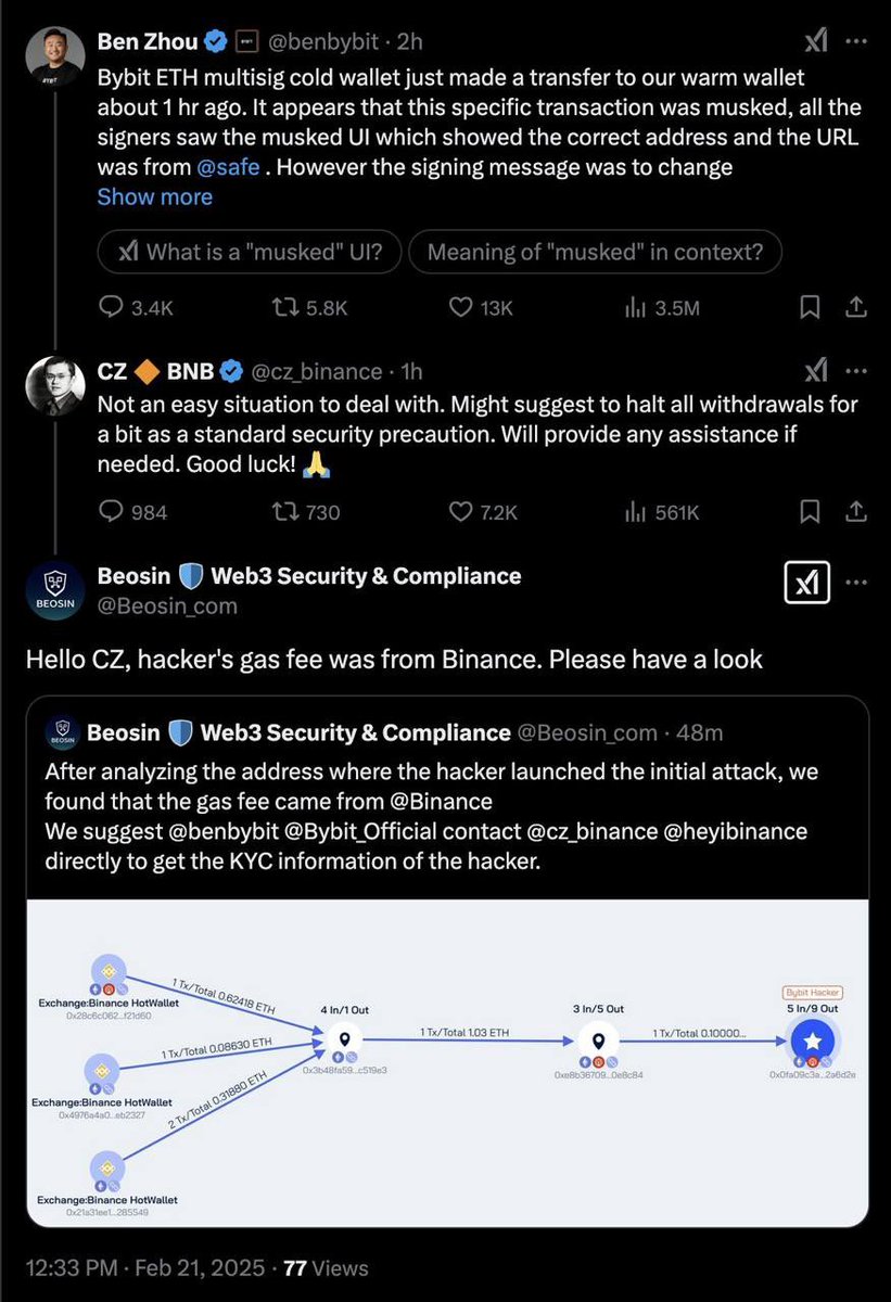 Cryptobuletin24's tweet image. 🚨🚨🚨 BREAKING: A Web3 security firm confirms that the hacker funded the attack using gas fees from Binance! 🔍⚠️

#web3 #Securityfirm #hacking #BybitWeb3 #bybit #Binance #gasfees