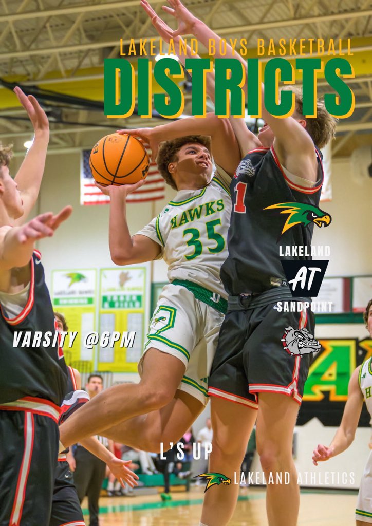 🚨Gameday🚨
Rd 1 of District Tournament 

Lakeland (9-10) 🆚 Sandpoint (10-10)

🗓️: 2/21/25

⏰: 6:00pm

📍: LHS
#LsUP #DefendReboundRun #SurviveAndAdvance