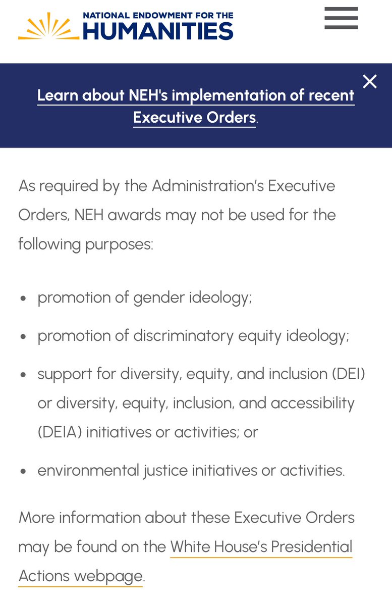 NEH introduces new categories that are now prohibited from reveling grants, in compliance with executive orders. I am on an NEH fellowship now and I am horrified and dismayed by this infringement on academic freedom. The prohibitions are *themselves* “discriminatory.”