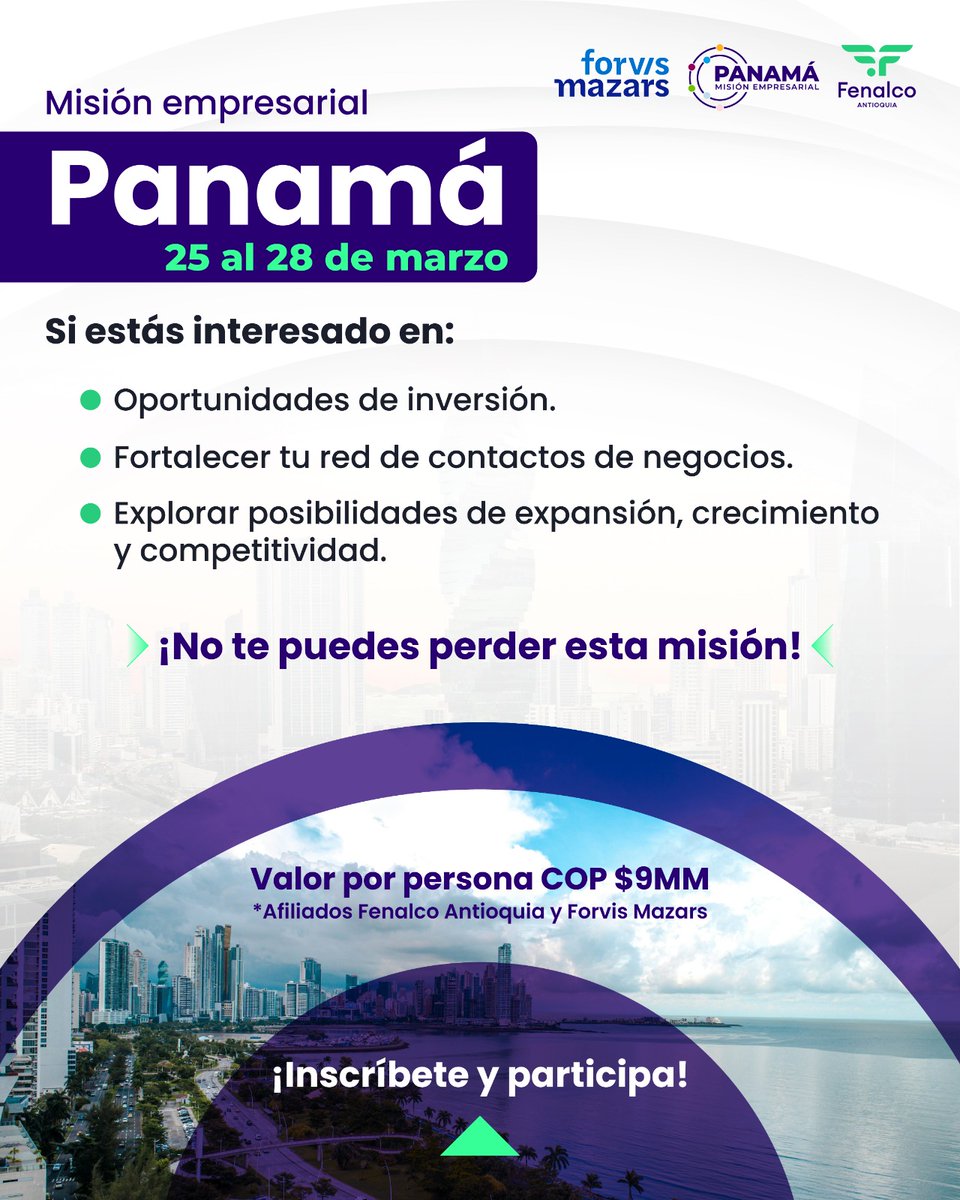 🚀 ¡Lleva tu negocio a Panamá! 🌎 Del 25 al 28 de marzo, conecta con nuevas oportunidades de inversión, otros empresarios y crecimiento empresarial en búsqueda de la expansión.

🔹 Cupos limitados
🔹 Tarifa especial para afiliados
📩 Inscríbete aquí 👉 forms.gle/duKf5NeRXFRnpM…