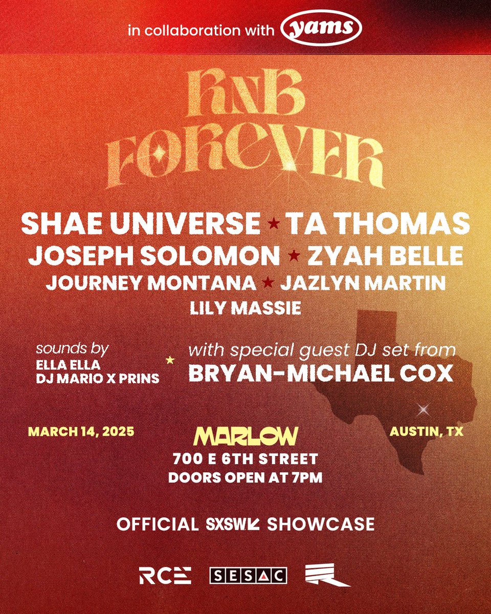 dante (@allthingsdante) on Twitter photo Presenting the R&B FOREVER STAGE, live at <a href="/sxsw/">SXSW</a> on March 14!
<a href="/ShaesUniverse/">Shae Universe</a>
<a href="/TAThomas4real/">TA Thomas</a>
<a href="/whatisjoedoing/">Joseph Solomon</a>
<a href="/zyahbelle/">YAM GRIER 🍠</a>
<a href="/journeymontana_/">Journey Montana</a>
<a href="/itsjazlynmartin/">Jazlyn Martin</a>
<a href="/lilymassie/">Lily Massie</a>
+ a special DJ set from music legend <a href="/bryanmichaelcox/">BMC, The Marathon Man.</a>
See you in Austin 🤘🏽 Presenting the R&B FOREVER STAGE, live at <a href="/sxsw/">SXSW</a> on March 14!
<a href="/ShaesUniverse/">Shae Universe</a>
<a href="/TAThomas4real/">TA Thomas</a>
<a href="/whatisjoedoing/">Joseph Solomon</a>
<a href="/zyahbelle/">YAM GRIER 🍠</a>
<a href="/journeymontana_/">Journey Montana</a>
<a href="/itsjazlynmartin/">Jazlyn Martin</a>
<a href="/lilymassie/">Lily Massie</a>
+ a special DJ set from music legend <a href="/bryanmichaelcox/">BMC, The Marathon Man.</a>
See you in Austin 🤘🏽