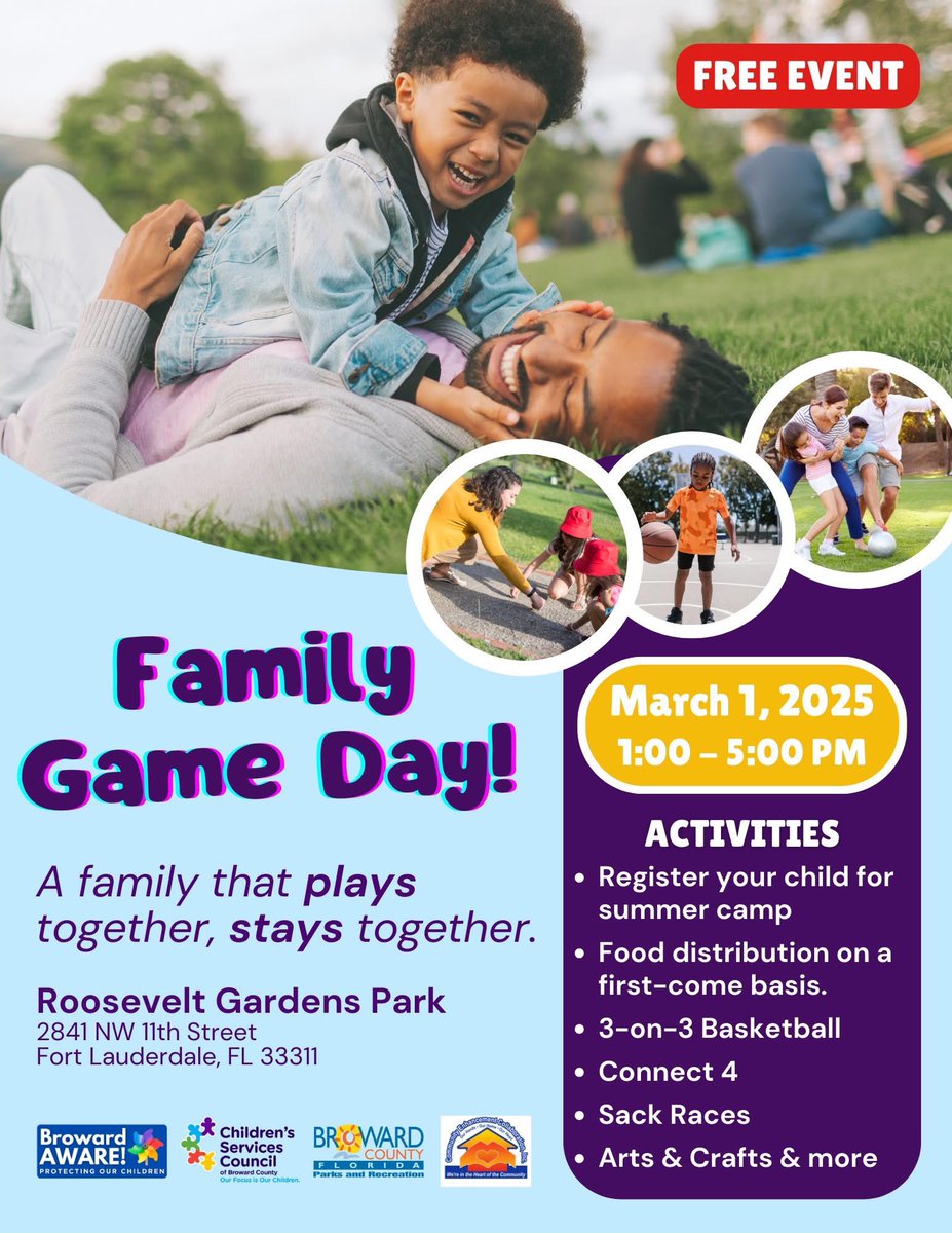 Get ready for a day full of fun and laughter at our Family Game Day! 🏆💙

Join us on March 1, 2025, 
1 - 5 p.m.
Roosevelt Gardens Park
2841 NW 11th Street, Fort Lauderdale, FL 33311

Don’t miss out on the fun! 🎲🎯 

#BrowardAWARE #FamilyFun #GameDay