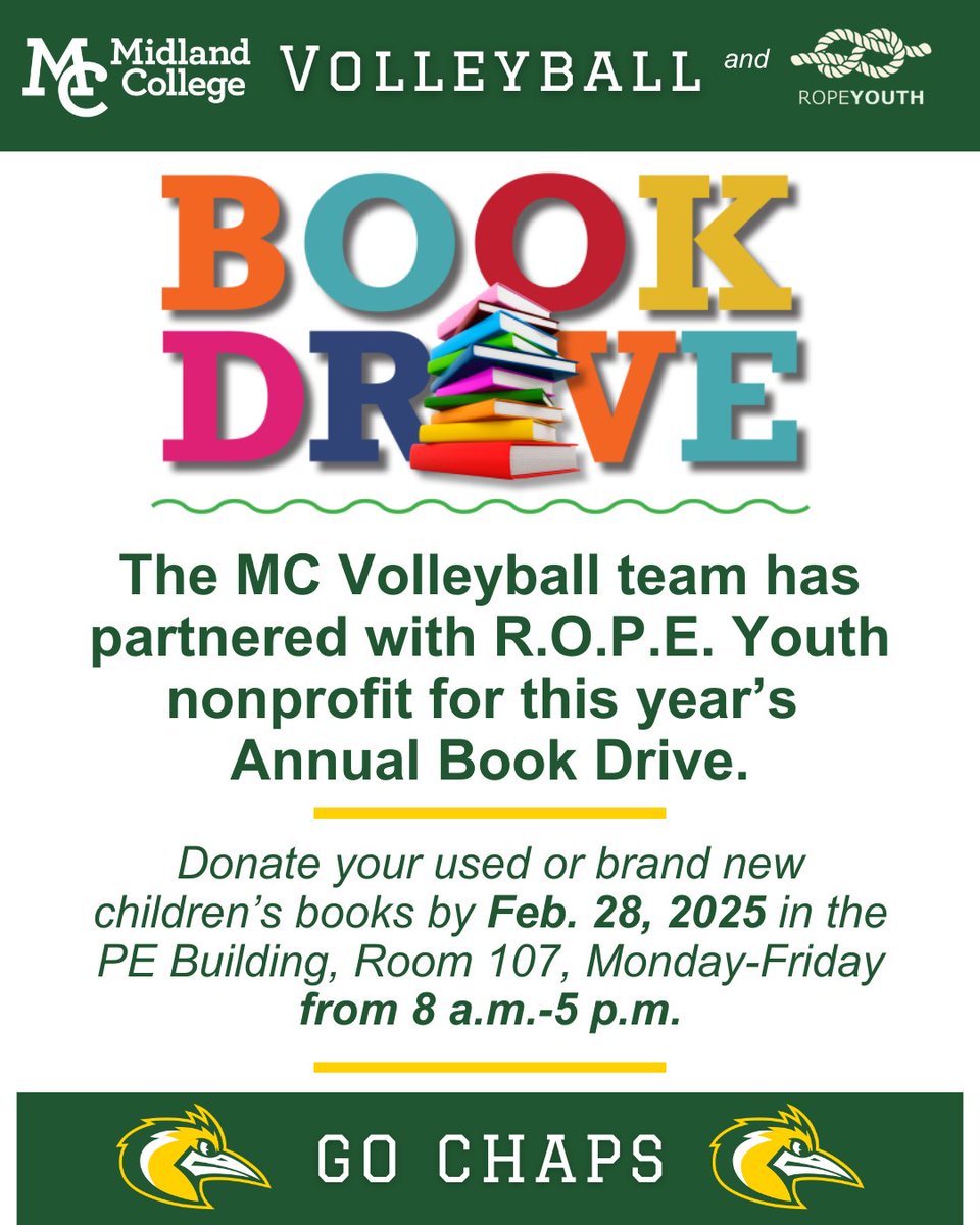 Midland College (@midland_college) on Twitter photo Join <a href="/MCVolleyball_/">Midland College Volleyball</a> & R.O.P.E. Youth in making a difference! 📚 Donate new or gently used children’s books by Feb. 28, 2025. Drop-off: PE Building, Room 107 | Mon-Fri | 8 AM - 5 PM.
Every book helps inspire young minds! Join <a href="/MCVolleyball_/">Midland College Volleyball</a> & R.O.P.E. Youth in making a difference! 📚 Donate new or gently used children’s books by Feb. 28, 2025. Drop-off: PE Building, Room 107 | Mon-Fri | 8 AM - 5 PM.
Every book helps inspire young minds!