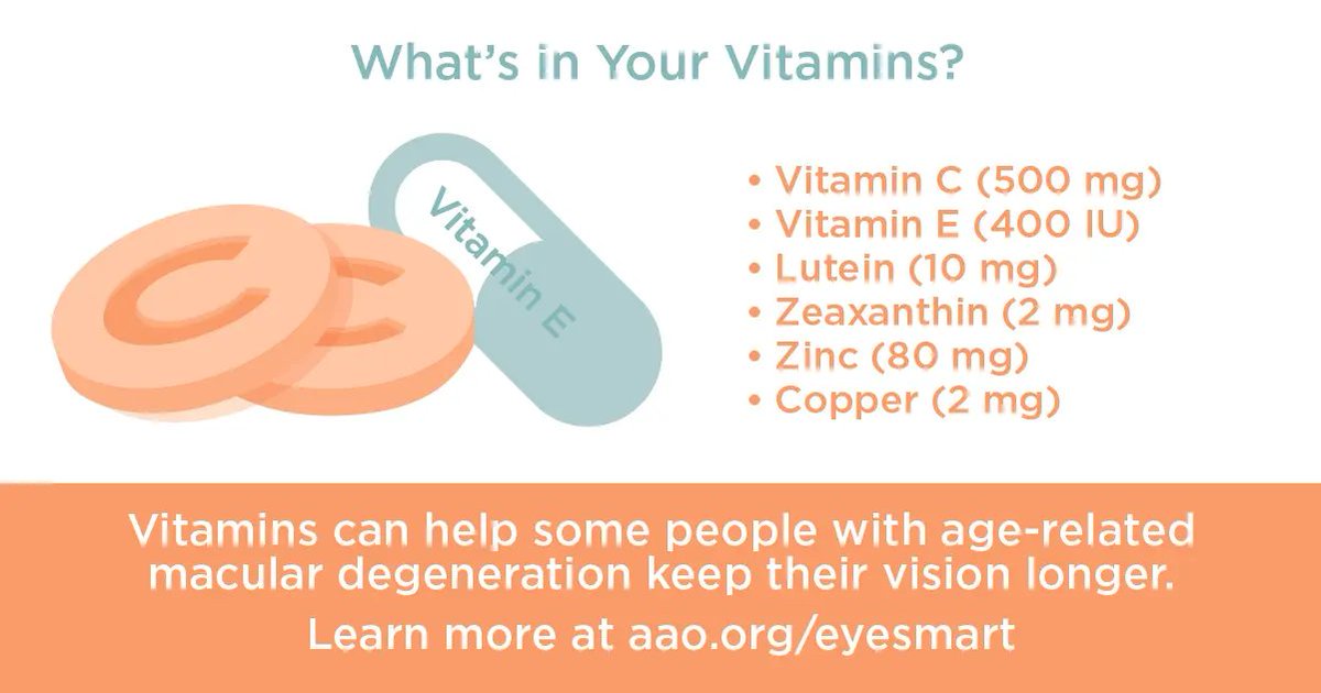 EyeOnFL's tweet image. Vitamins can delay progression of advanced #AMD and help people keep their vision longer if they have intermediate AMD or advanced AMD in one eye.

Learn more at aao.org/eye-health/dis…

#AMDAwarenessMonth #EyeHealth #HealthyHabits