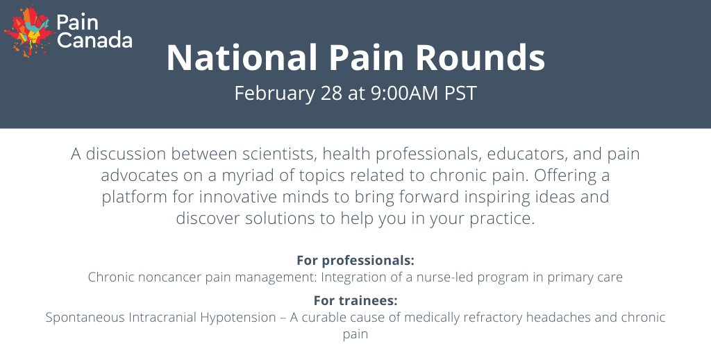Pain Canada (@pain_canada) on Twitter photo Join <a href="/CanadianPain/">Canadian Pain Society</a> on February 28 for National Pain Rounds for Professionals and Trainees.
➡️ Register for FREE at canadianpainsociety.ca/painrounds
#canadianpainrounds #CanadianPainSociety #canadianpain #paincanada #chronicpain #douleurchronique Join <a href="/CanadianPain/">Canadian Pain Society</a> on February 28 for National Pain Rounds for Professionals and Trainees.
➡️ Register for FREE at canadianpainsociety.ca/painrounds
#canadianpainrounds #CanadianPainSociety #canadianpain #paincanada #chronicpain #douleurchronique