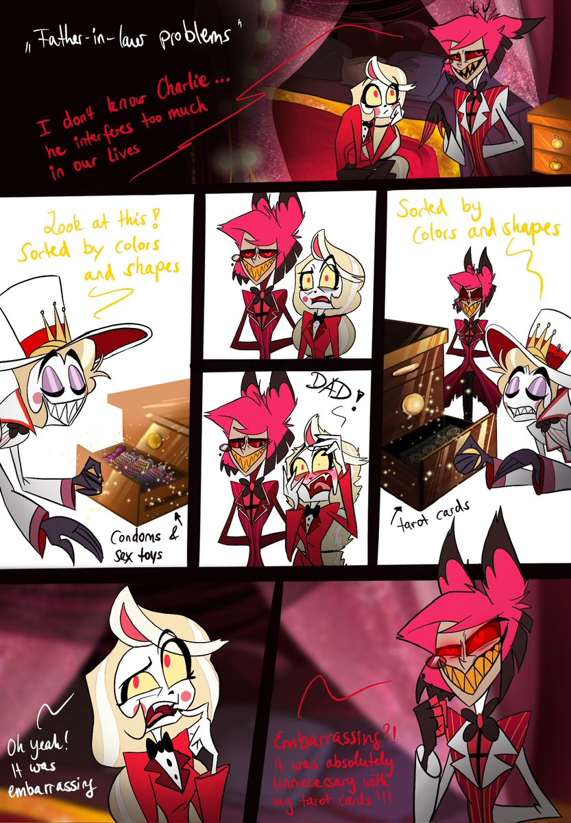 Father-in-law problems Mini comic based on story I created with a  friend (okey it's a roleplay writing we do ) ~~~~~~~~~~~~~  Alastor is  clearly outraged by the tarot card story  #