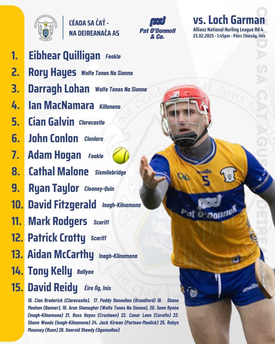 The Clare team for the visit of Wexford to Páirc Chíosóg in Sunday’s <a href="/AllianzIreland/">Allianz Ireland</a> Hurling League Round 4 tie has been named. 

Throw in at Ennis is at 1:45pm and tickets are available at am.ticketmaster.com/gaa/hurlingdiv…

Please download before arrival to avoid queuing. 

Best of luck