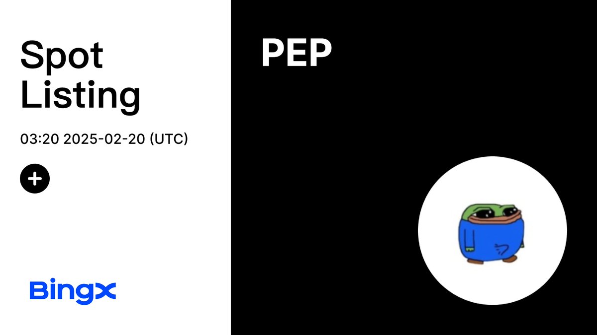 From meme to moonshot, $PEP is hopping onto BingX Spot. 🚀🐸 Deposit Time:  2025-02-20, 03:00:00 (UTC) Trading Time: 2025-02-20, 03:20:00 (UTC)  Withdrawal Time: 2025-02-22, 03:00:00 (UTC) Listing details:  https://t.co/jfhkRxXmwC