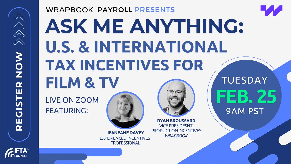 Speakers announced for next week's IFTA Connect event! Join us on 2/25 &amp; get all of your Tax Incentive Questions answered by Ryan Broussard, VP of Sales and Production Incentives @ Wrapbook &amp; Jeaneane Davey, Experienced Incentives Professional

RSVP Now! 
shorturl.at/PW7Ot