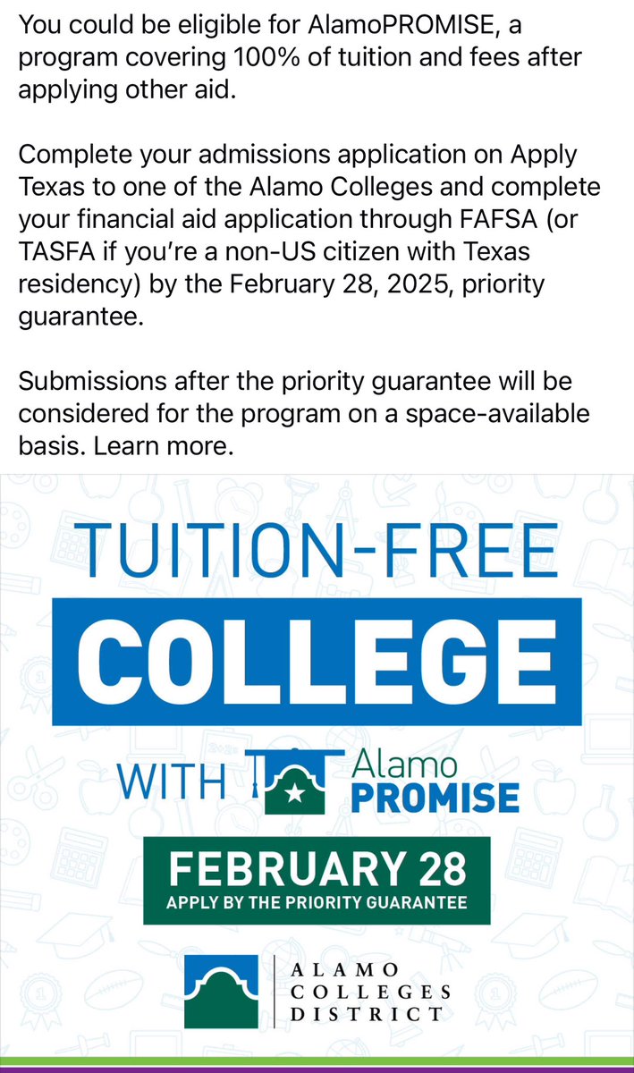 SENIORS: It is time, apply by the Feb 28 deadline to secure your priority guarantee. Please see your counselors or DREAM center asap! <a href="/EISDofSA/">Edgewood ISD</a> <a href="/EISDMemorialHS/">Memorial High School</a> <a href="/FINEARTS_EISD/">Edgewood Fine Arts Academy STEAM</a> <a href="/JFKennedyHighS/">John F Kennedy High School</a> #DREAMcenter #ALAMOpromise