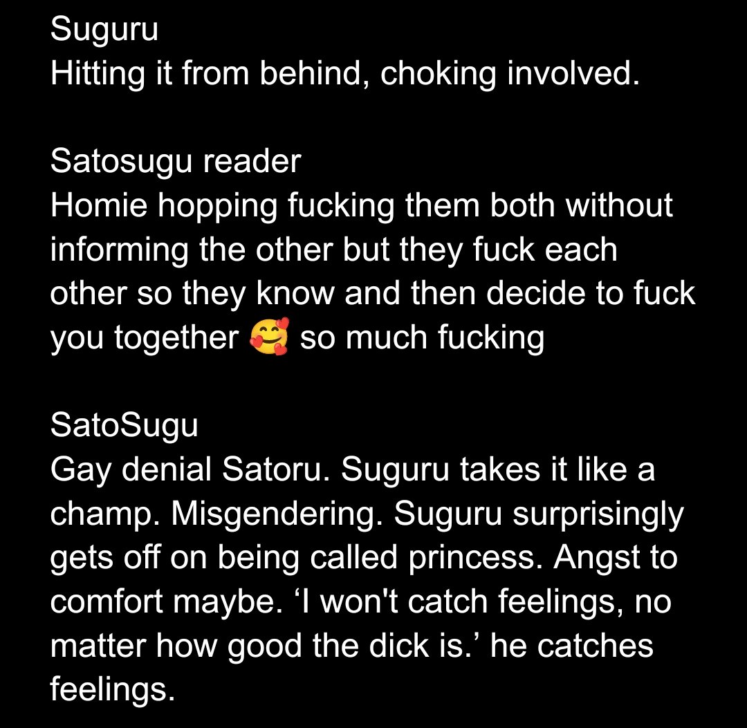 imaginaryajax's tweet photo. I've gotta get back into writing. These are some of the things I'm thinking of.

#satosugu #gego #goge #fanfic https://t.co/xcC0eajOzm