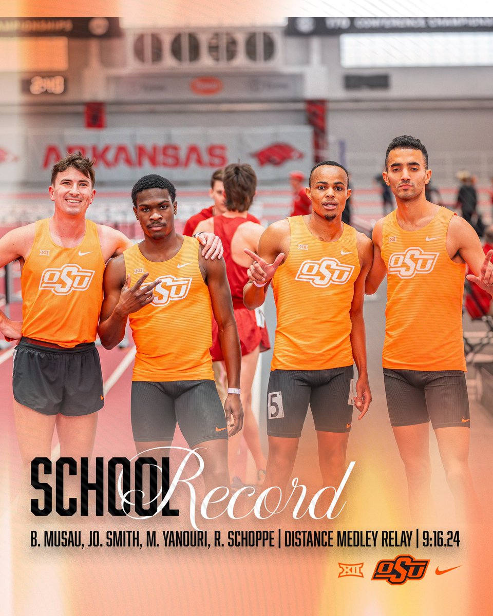 HOW ‘BOUT THEM COWBOYS?! 🤯

The Distance Medley Relay of Brian Musau, Jordon Smith, Mehdi Yanouri and Ryan Schoppe just ran the SECOND-FASTEST official mark in NCAA history at 9:16.24🔥

#GoPokes I #run4okstate