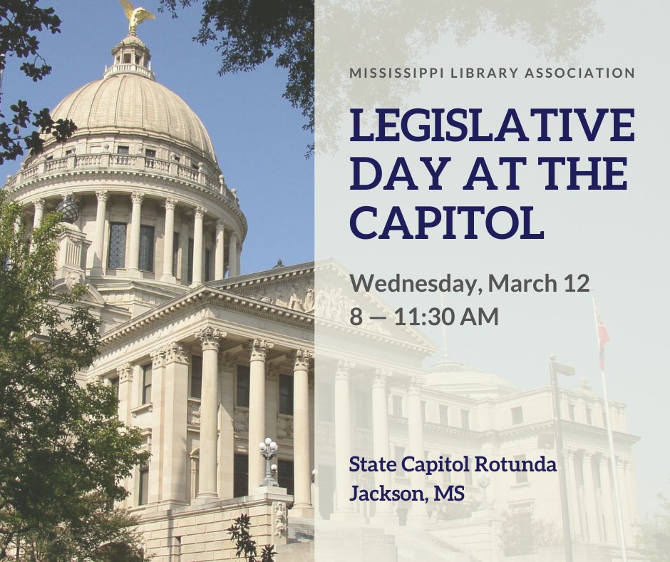 MSLibraryAssoc's tweet image. MLA Legislative Day is happening at the State Capitol on Wed, March 12, from 8–11:30 AM. This is a crucial opportunity to advocate for libraries, literacy, and lifelong learning in our state!
If you are interested in joining us, please fill out this form: msstate.libwizard.com/f/legislatived…