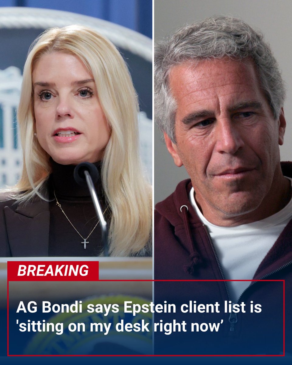 BREAKING: Attorney General Pam Bondi said the Jeffrey Epstein client list is "sitting on my desk right now," and she is reviewing JFK and MLK files as well after President Trump's earlier directives. trib.al/PP1Q2OY