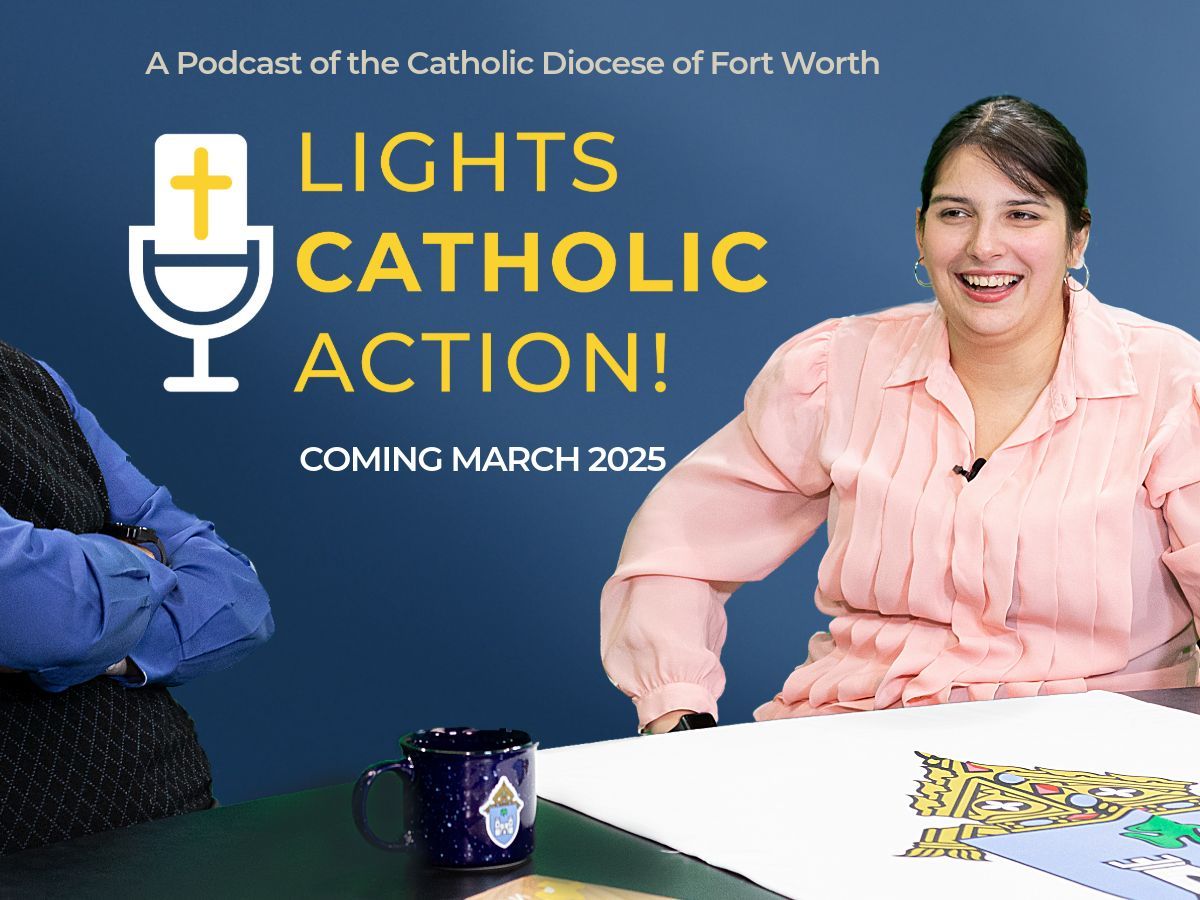 FWdiocese's tweet photo. 'Lights, CATHOLIC, Action', the Diocese of Fort Worth's new #podcast, airs on YouTube and your favorite podcast player this March!
#FWDiocese #LightsCatholicAction #FortWorthpodcast
@bpolsonfw @NTCatholic @jp2denton @stjudemansfield @SMG1200S @NolanCatholic https://t.co/lq1hAQUEcZ