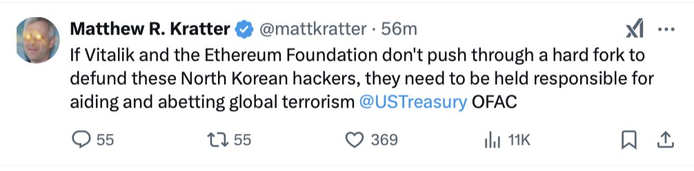 Ethereum is toast.

They can roll back the chain and destroy what is left of the decentralization claim or allow North Korean baad actors to keep $1.4B of ETH and unleash an eternal internal battle.

Either way, it is terrible.

And a collection of best of the timeline now 🧵1/