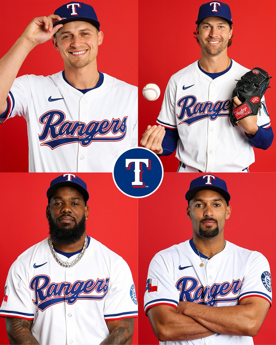MLB's tweet photo. The @Rangers are looking great during Photo Day:
🔴 Corey Seager
🔵 Jacob deGrom
🔴 Adolis García
🔵 Marcus Semien https://t.co/CZg395pJFu