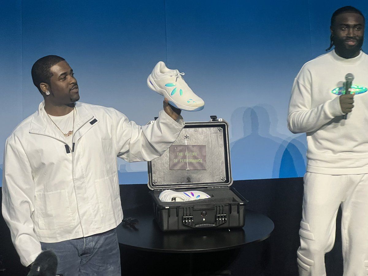 Jaylen Brown introduces his 741 “White Noise” sneakers at an event