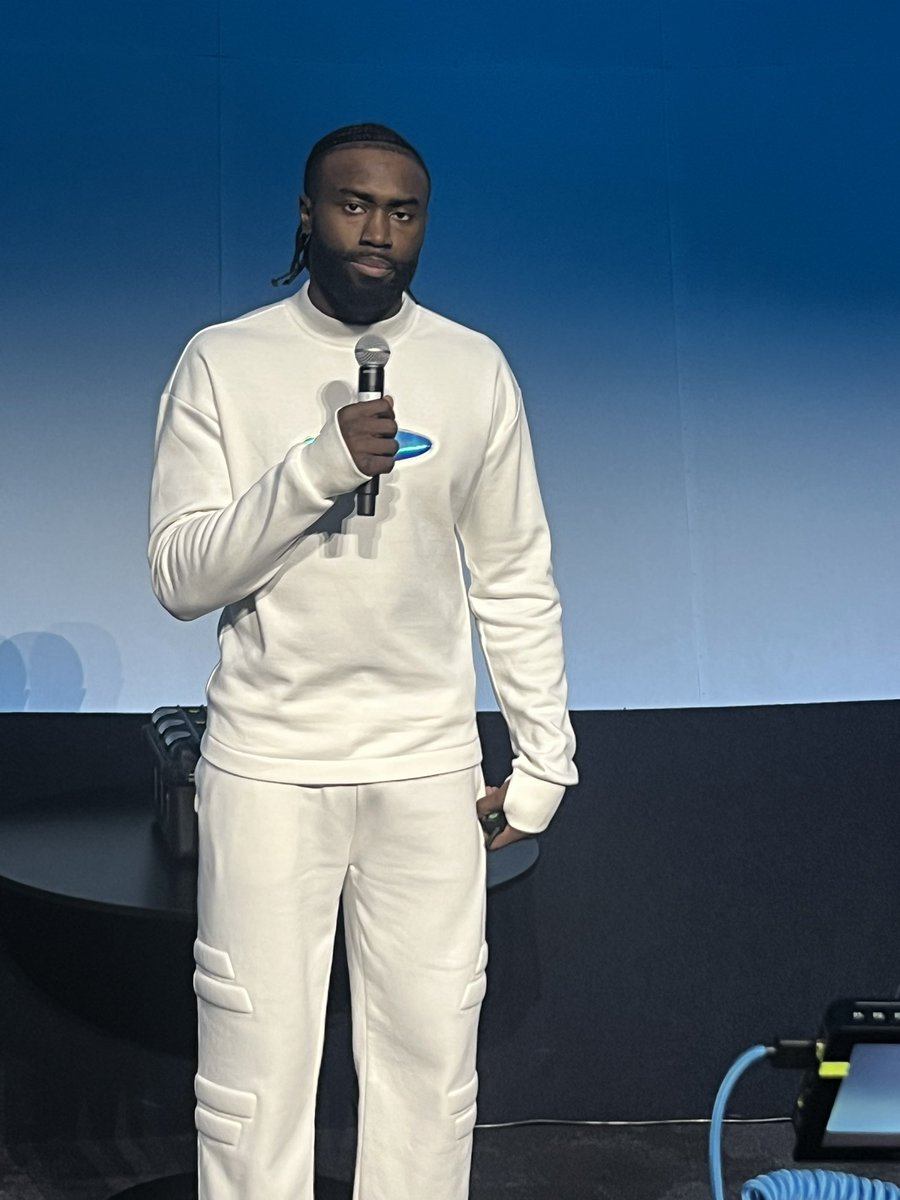 Jaylen Brown introduces his 741 “White Noise” sneakers at an event