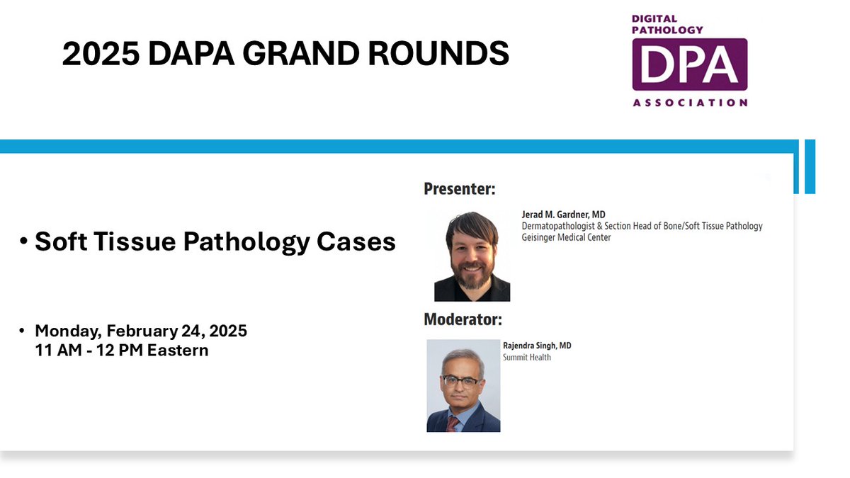 Raj Singh MD (@mydermpath) on Twitter photo Welcome to another great GR session from the DPA with our very own <a href="/JMGardnerMD/">Jerad Gardner, MD</a>
Preview the cases:
dpa-dapa.com/public/present…
Registration:
digitalpathologyassociation.org/2025-dapa-gran…
<a href="/Pathologists/">CAPathologists</a> <a href="/dpatweet/">The Digital Pathology Association</a> <a href="/redsnapperpath/">Allison Osmond MD MSc FRCPC 🕊 🌎 🕊</a> <a href="/KMirza/">Kamran Mirza MD PhD - کامران مرزا</a> <a href="/AceMyPath/">Ace My Path</a> <a href="/VijayPatho/">Vijay Shankar S</a> <a href="/NRiddleMD/">Nicole D. Riddle, MD, MSHI, FCAP (she/her)</a> Welcome to another great GR session from the DPA with our very own <a href="/JMGardnerMD/">Jerad Gardner, MD</a>
Preview the cases:
dpa-dapa.com/public/present…
Registration:
digitalpathologyassociation.org/2025-dapa-gran…
<a href="/Pathologists/">CAPathologists</a> <a href="/dpatweet/">The Digital Pathology Association</a> <a href="/redsnapperpath/">Allison Osmond MD MSc FRCPC 🕊 🌎 🕊</a> <a href="/KMirza/">Kamran Mirza MD PhD - کامران مرزا</a> <a href="/AceMyPath/">Ace My Path</a> <a href="/VijayPatho/">Vijay Shankar S</a> <a href="/NRiddleMD/">Nicole D. Riddle, MD, MSHI, FCAP (she/her)</a>
