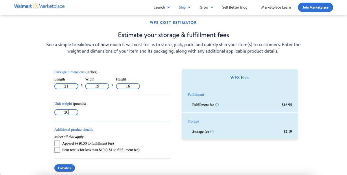 Marter’s WFS cost can sometimes be inaccurate. Either more expensive than it really is or cheaper. This can lead to your profits being lower than expected

Use Walmarts WFS Cost Estimator and input the weight and dimensions to find the WFS cost and input that into Marter

It's