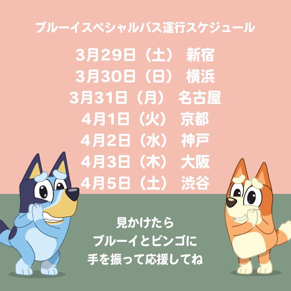 Bluey_jp's tweet photo. 📢ブルーイお引越しのお知らせ📺！ 

4月6日から、ブルーイの地上波放送地域＆放送時間が拡大するよ🩵
テレ東系6局ネットで毎週日曜あさ7時〜放送スタート📝👀

さらに！放送拡大記念に、ブルーイバスがブルーイとビンゴを乗せて街中を駆け抜けるよ！🚌💨 https://t.co/GDgAz9N0Pr